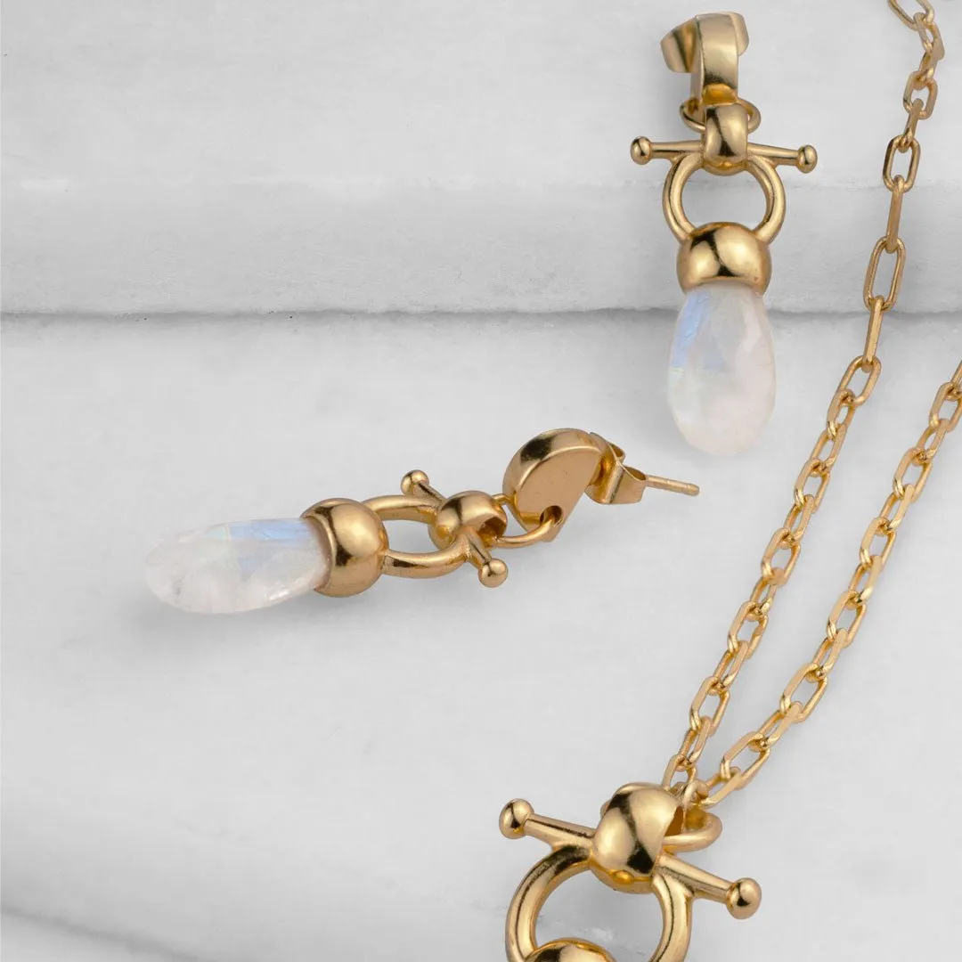 Droplette - Snaffle Horse Bit Moonstone and 14K Gold on Sterling Silver Earring
