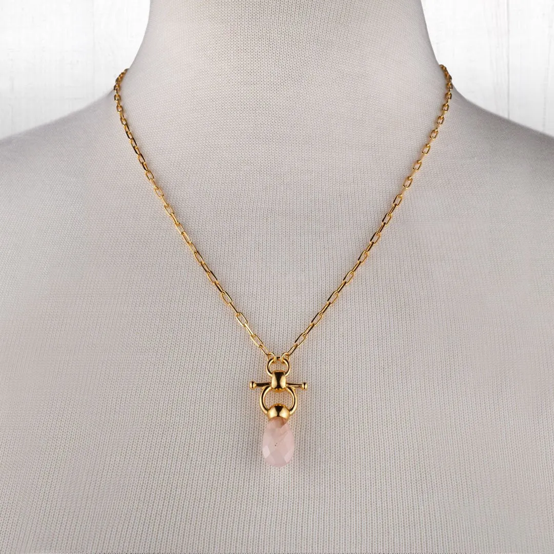 Droplette - Snaffle Horse Bit Rose Quartz Gemstone and 14K Gold on Sterling Silver Necklace