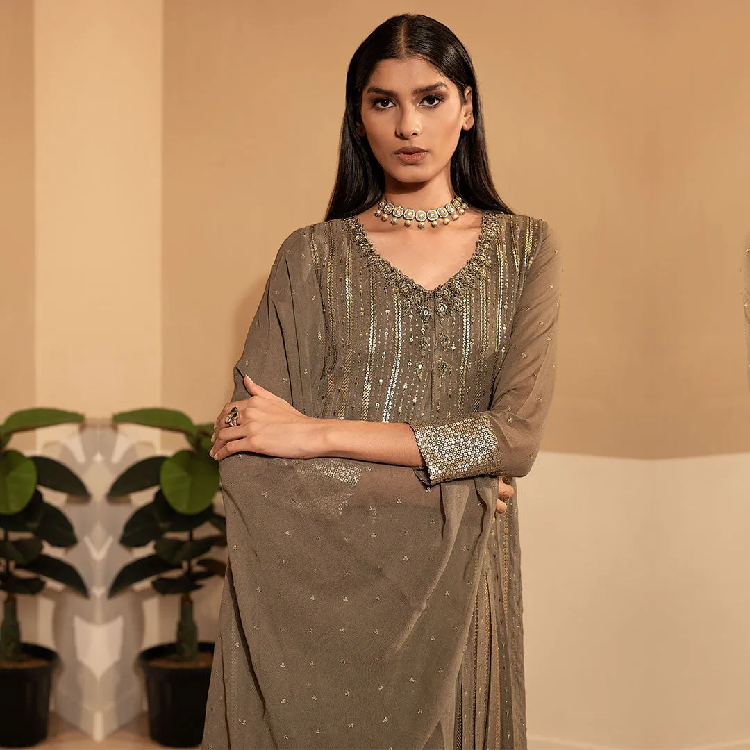 Dusty Brown Embellished Anarkali Dress With Dupatta