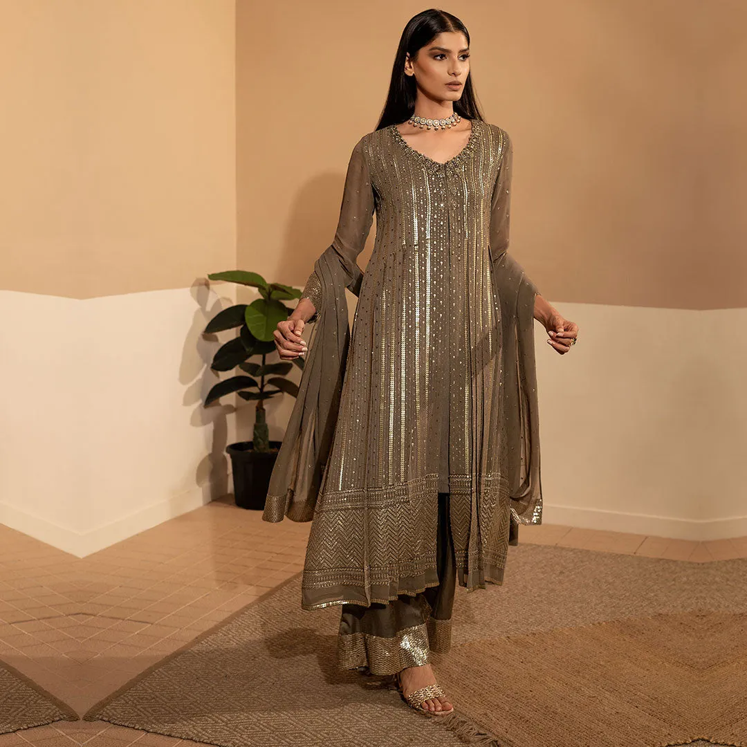 Dusty Brown Embellished Anarkali Dress With Dupatta