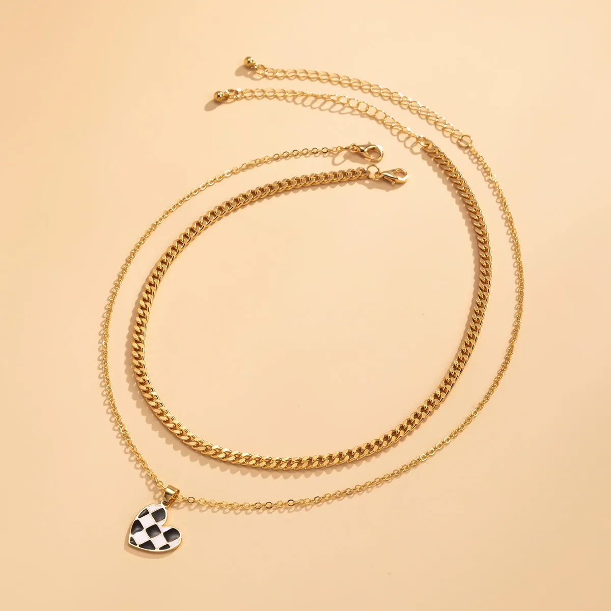Enamel & 18K Gold-Plated Checkerboard Heart Pendant Necklace Set