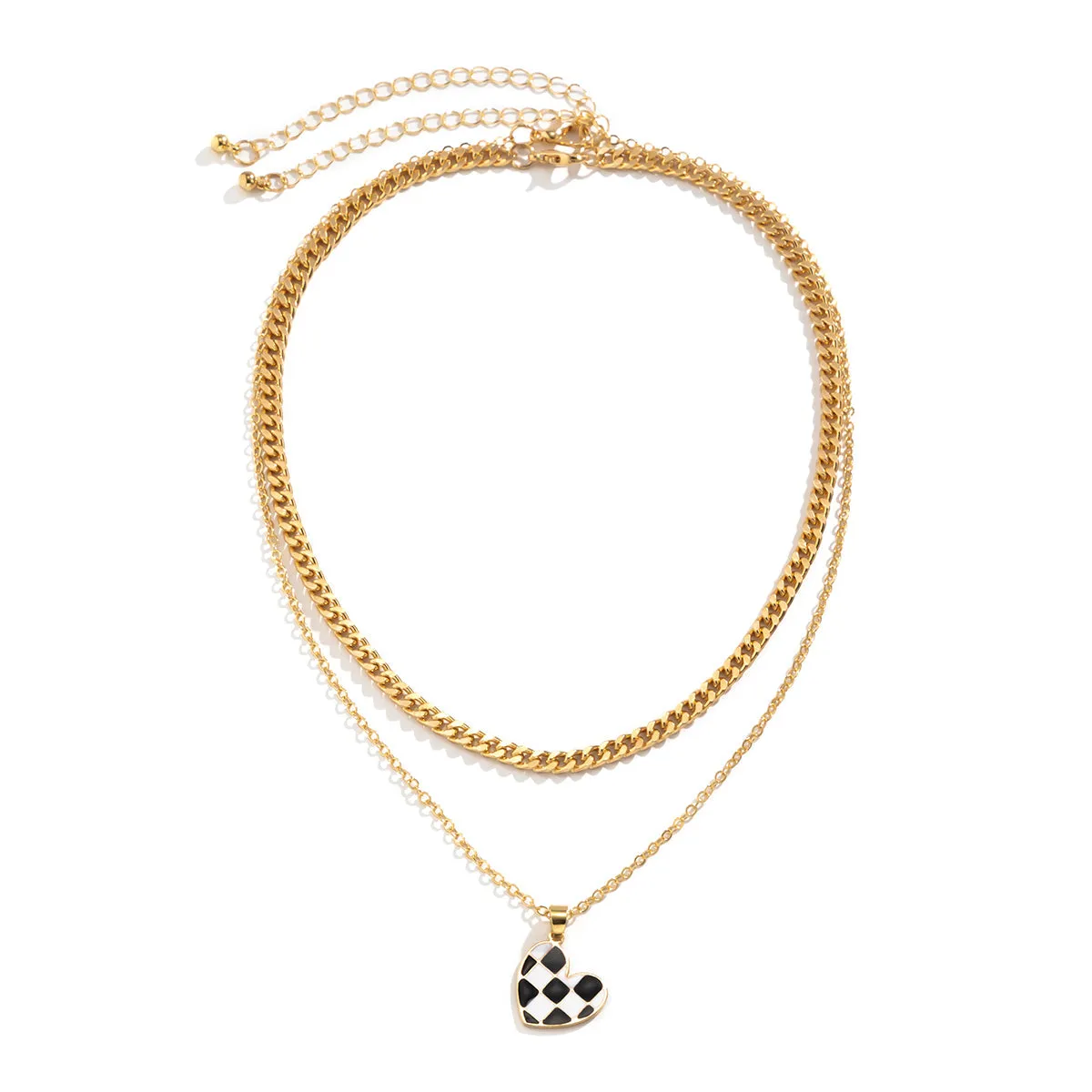Enamel & 18K Gold-Plated Checkerboard Heart Pendant Necklace Set