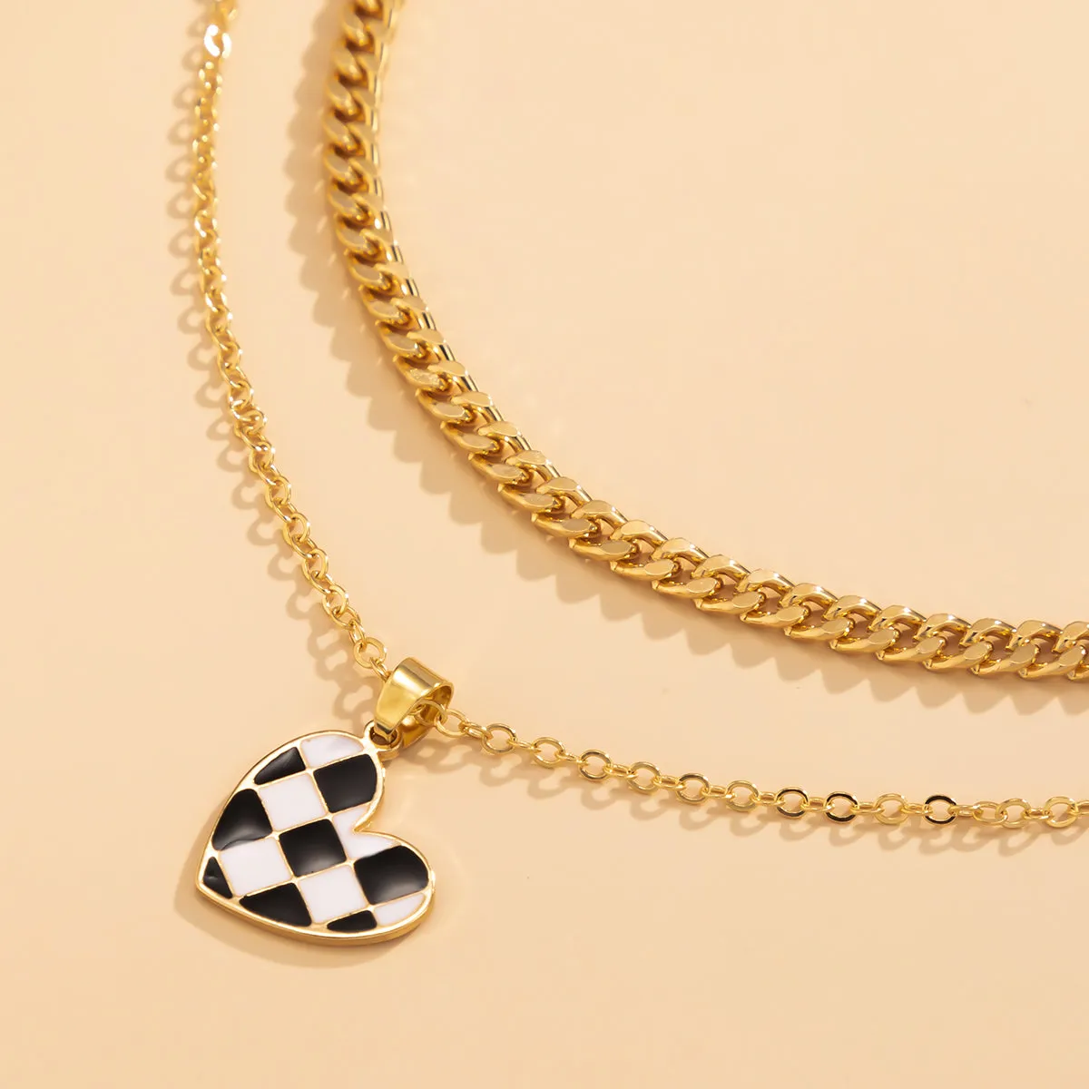 Enamel & 18K Gold-Plated Checkerboard Heart Pendant Necklace Set