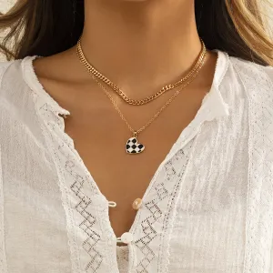 Enamel & 18K Gold-Plated Checkerboard Heart Pendant Necklace Set