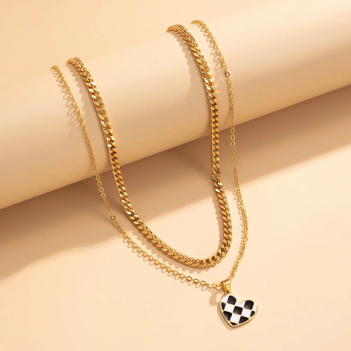 Enamel & 18K Gold-Plated Checkerboard Heart Pendant Necklace Set