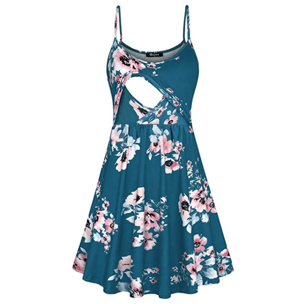 Fashion Flower Print Spaghetti Strap Nursing Maternity Dress for Breastfeeding black_XL