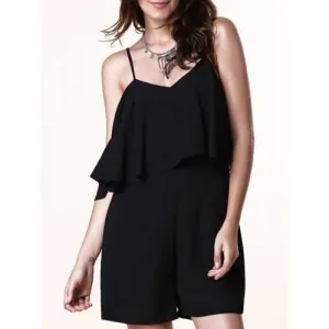 Fashion Spaghetti Strap Flouncing Women's Solid Color Romper - Black L