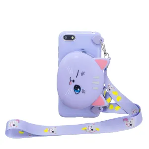 For HUAWEI Y5 2018/Y5 2019 Cellphone Case Mobile Phone Shell Shockproof TPU Cover with Cartoon Cat Pig Panda Coin Purse Lovely Shoulder Starp  Purple
