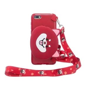 For HUAWEI Y5 2018/Y5 2019 Cellphone Case Mobile Phone Shell Shockproof TPU Cover with Cartoon Cat Pig Panda Coin Purse Lovely Shoulder Starp  Red