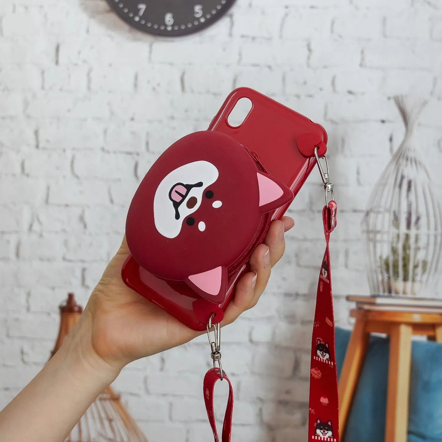For HUAWEI Y5 2018/Y5 2019 Cellphone Case Mobile Phone Shell Shockproof TPU Cover with Cartoon Cat Pig Panda Coin Purse Lovely Shoulder Starp  Red
