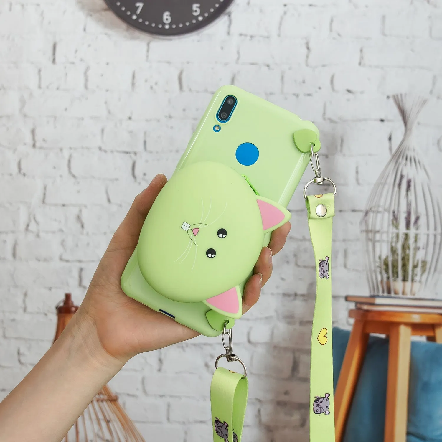For HUAWEI Y6/Y7 Prime 2019 Cellphone Case Mobile Phone Shell Shockproof TPU Cover with Cartoon Cat Pig Panda Coin Purse Lovely Shoulder Starp  Green