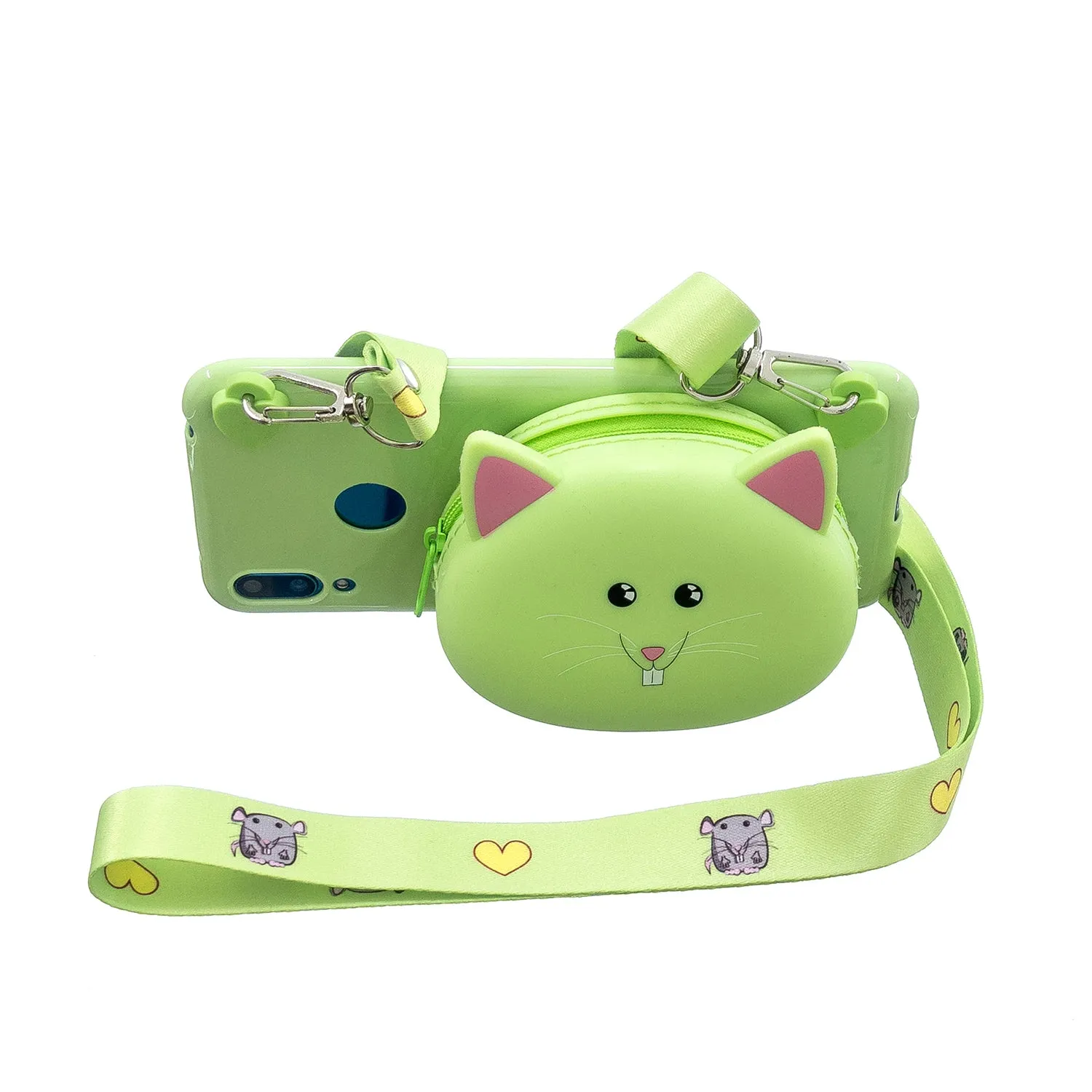 For HUAWEI Y6/Y7 Prime 2019 Cellphone Case Mobile Phone Shell Shockproof TPU Cover with Cartoon Cat Pig Panda Coin Purse Lovely Shoulder Starp  Green