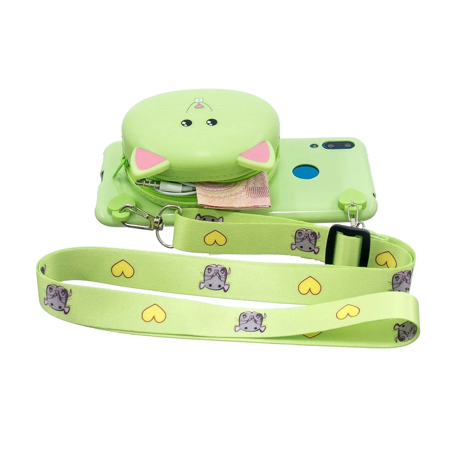 For HUAWEI Y6/Y7 Prime 2019 Cellphone Case Mobile Phone Shell Shockproof TPU Cover with Cartoon Cat Pig Panda Coin Purse Lovely Shoulder Starp  Green