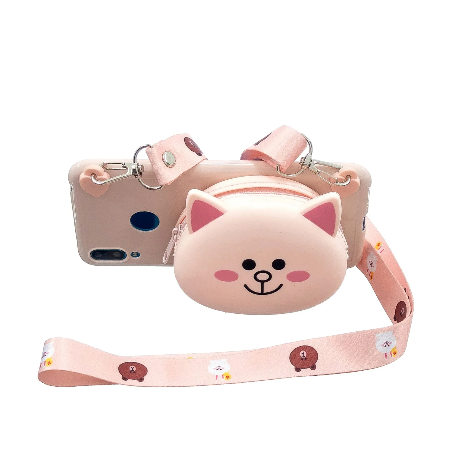For HUAWEI Y6/Y7 Prime 2019 Cellphone Case Mobile Phone Shell Shockproof TPU Cover with Cartoon Cat Pig Panda Coin Purse Lovely Shoulder Starp  Pink