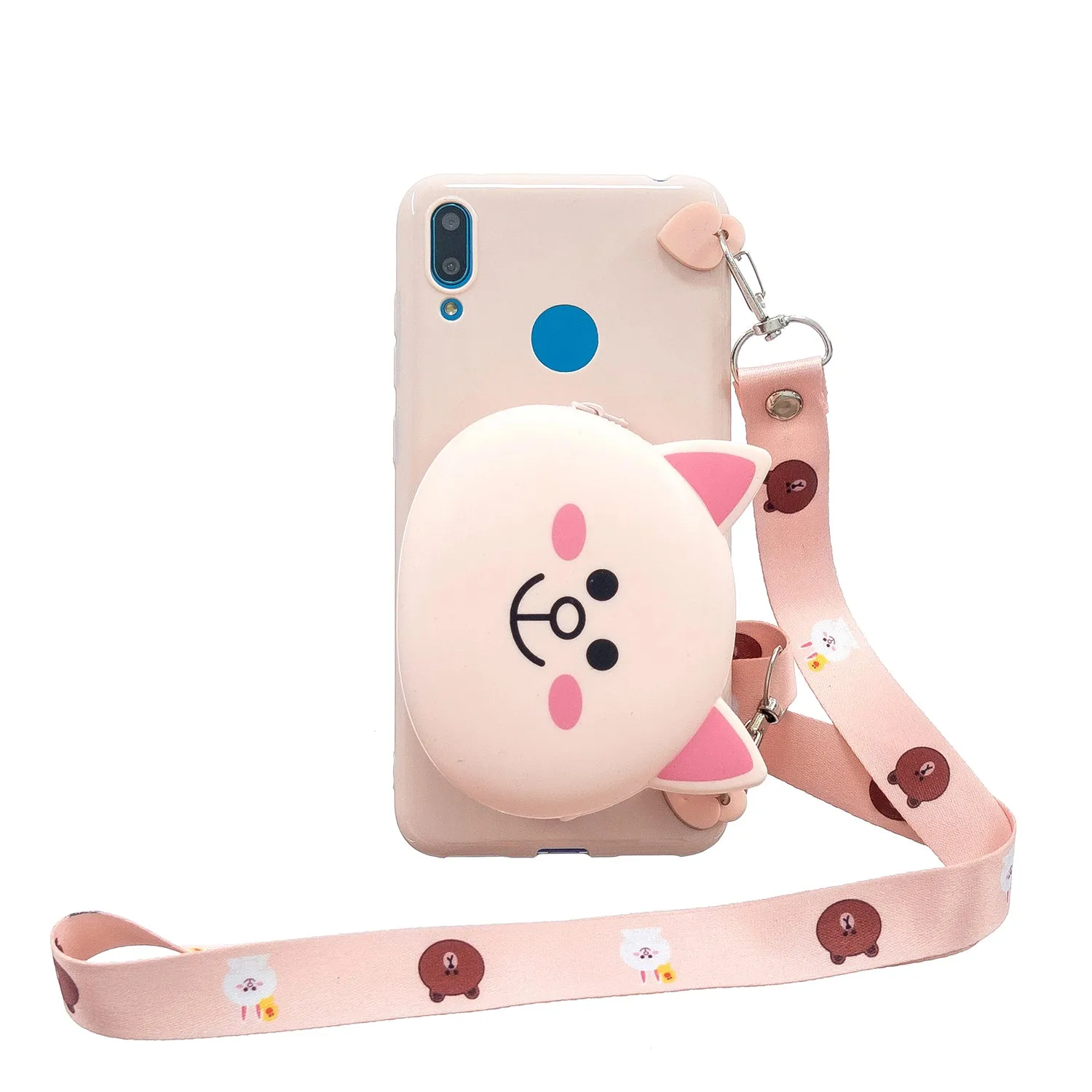 For HUAWEI Y6/Y7 Prime 2019 Cellphone Case Mobile Phone Shell Shockproof TPU Cover with Cartoon Cat Pig Panda Coin Purse Lovely Shoulder Starp  Pink