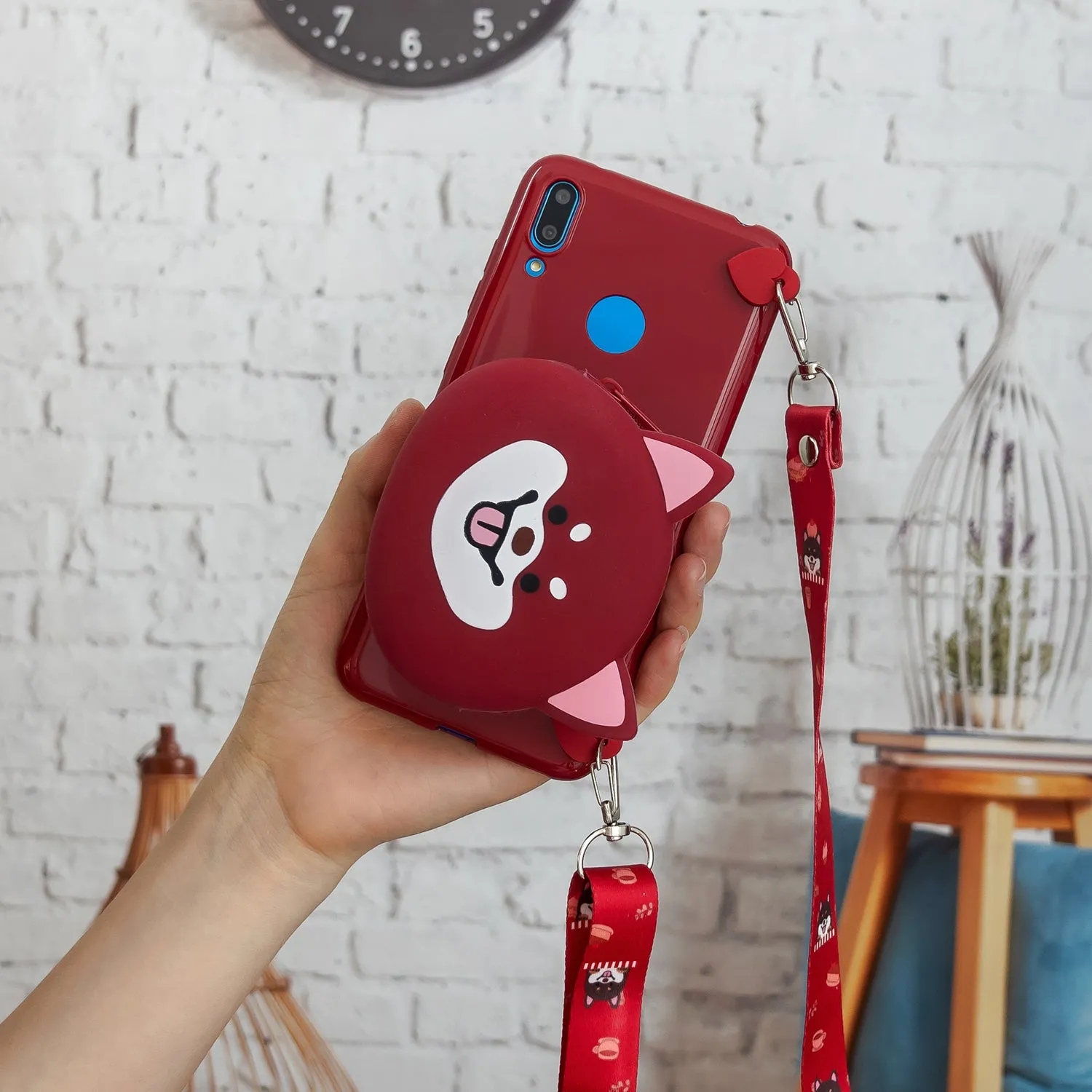 For HUAWEI Y6/Y7 Prime 2019 Cellphone Case Mobile Phone Shell Shockproof TPU Cover with Cartoon Cat Pig Panda Coin Purse Lovely Shoulder Starp  Red