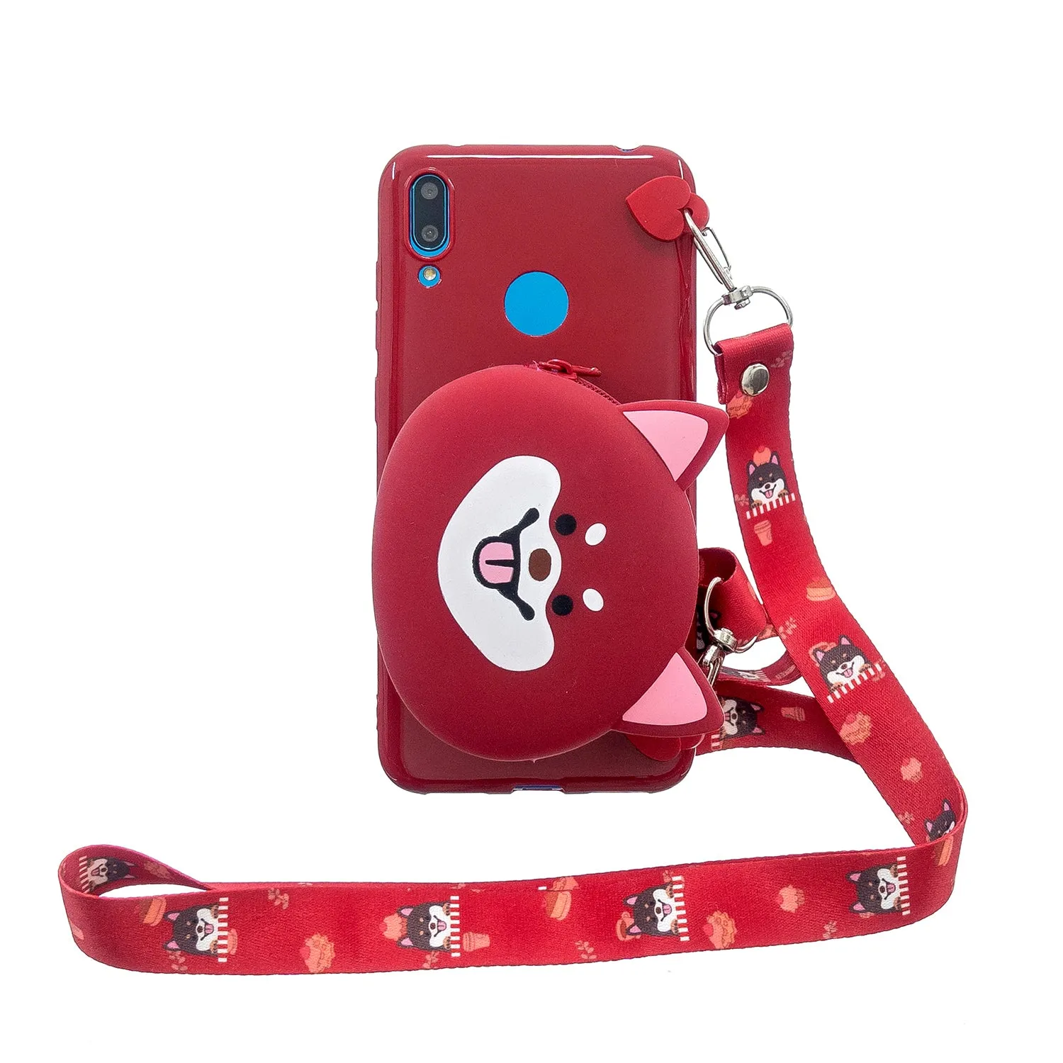 For HUAWEI Y6/Y7 Prime 2019 Cellphone Case Mobile Phone Shell Shockproof TPU Cover with Cartoon Cat Pig Panda Coin Purse Lovely Shoulder Starp  Red
