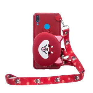 For HUAWEI Y6/Y7 Prime 2019 Cellphone Case Mobile Phone Shell Shockproof TPU Cover with Cartoon Cat Pig Panda Coin Purse Lovely Shoulder Starp  Red