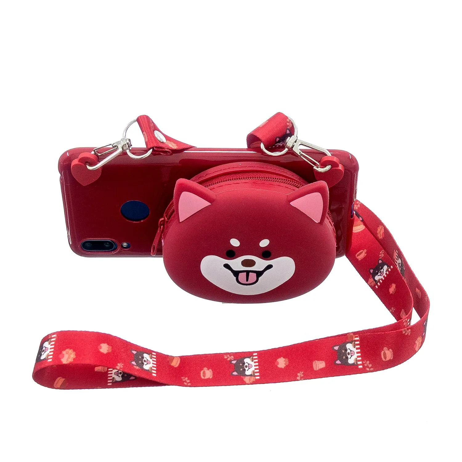 For HUAWEI Y6/Y7 Prime 2019 Cellphone Case Mobile Phone Shell Shockproof TPU Cover with Cartoon Cat Pig Panda Coin Purse Lovely Shoulder Starp  Red