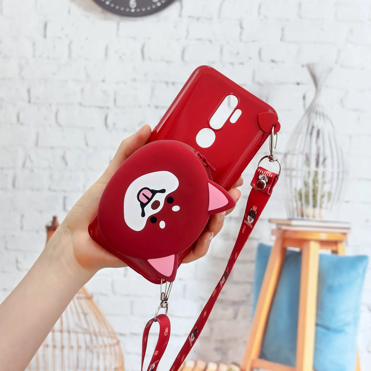 For OPPO A83/A9 2020 Cellphone Case Mobile Phone TPU Shell Shockproof Cover with Cartoon Cat Pig Panda Coin Purse Lovely Shoulder Starp  Red