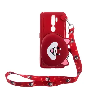 For OPPO A83/A9 2020 Cellphone Case Mobile Phone TPU Shell Shockproof Cover with Cartoon Cat Pig Panda Coin Purse Lovely Shoulder Starp  Red