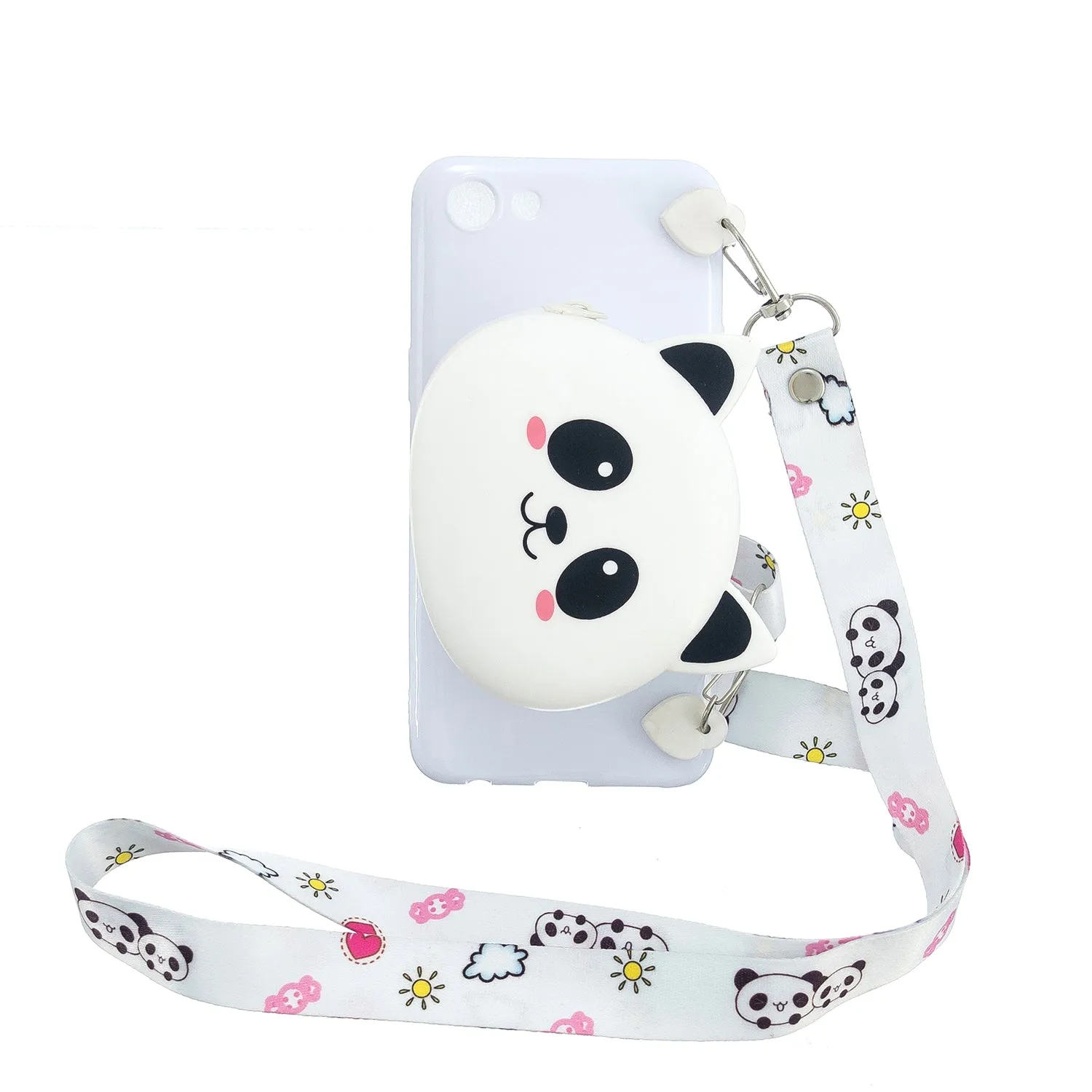 For OPPO A83/A9 2020 Cellphone Case Mobile Phone TPU Shell Shockproof Cover with Cartoon Cat Pig Panda Coin Purse Lovely Shoulder Starp  White