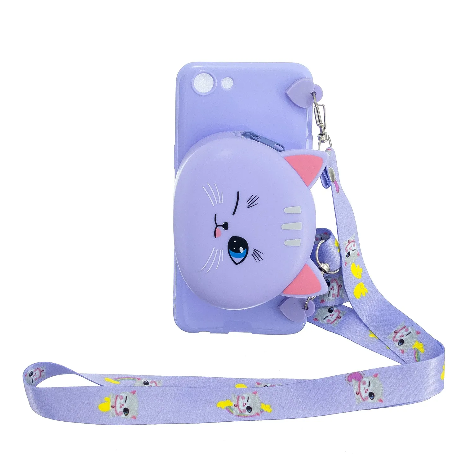 For OPPO A83/A9 2020 Cellphone Case Mobile Phone TPU Shell Shockproof Cover with Cartoon Cat Pig Panda Coin Purse Lovely Shoulder Starp  White
