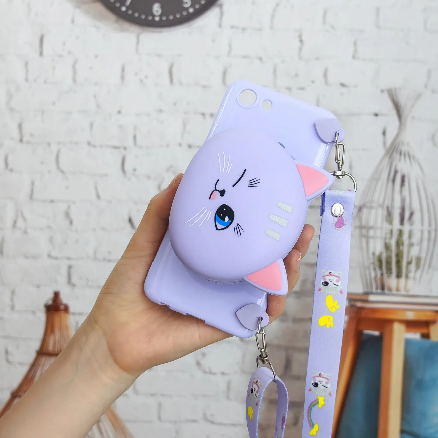 For OPPO A83/A9 2020 Cellphone Case Mobile Phone TPU Shell Shockproof Cover with Cartoon Cat Pig Panda Coin Purse Lovely Shoulder Starp  White