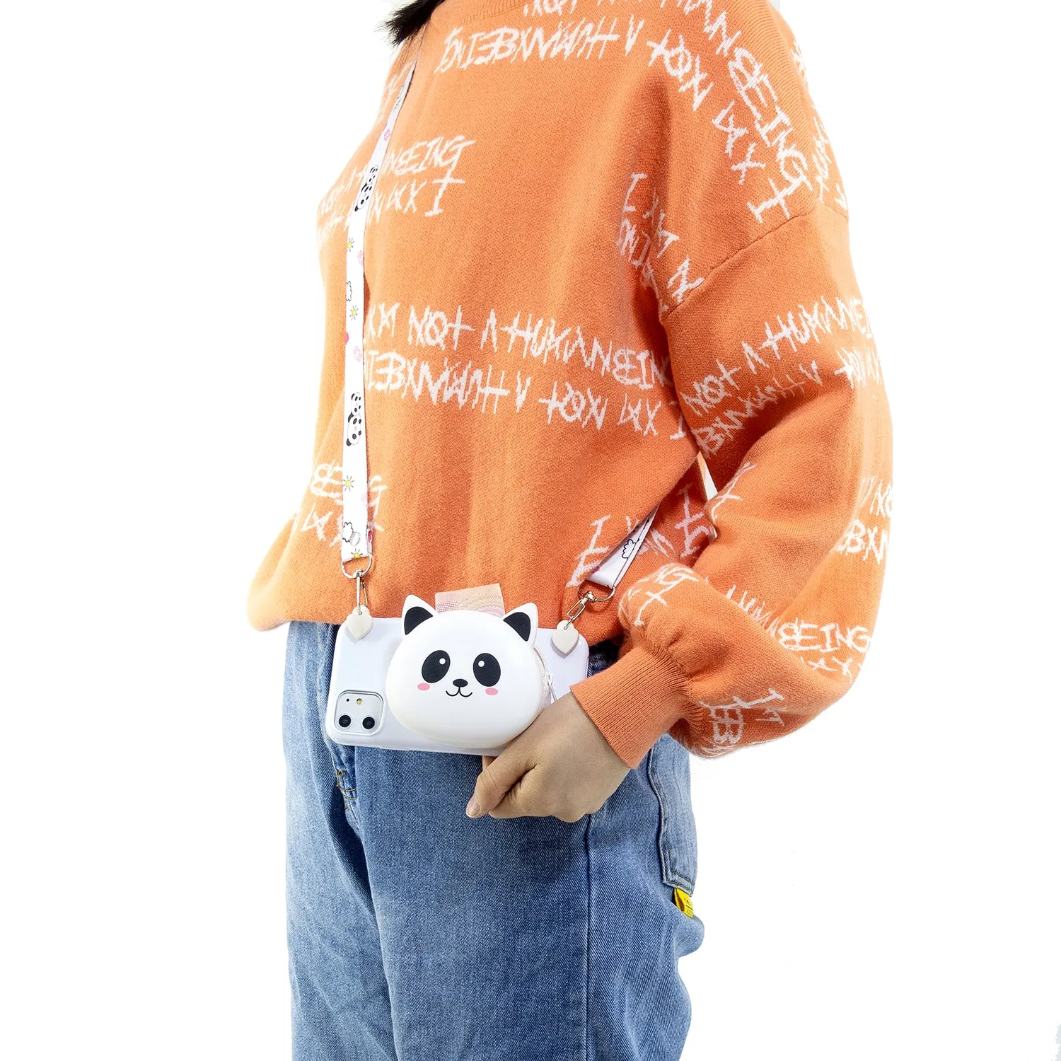 For OPPO A83/A9 2020 Cellphone Case Mobile Phone TPU Shell Shockproof Cover with Cartoon Cat Pig Panda Coin Purse Lovely Shoulder Starp  White