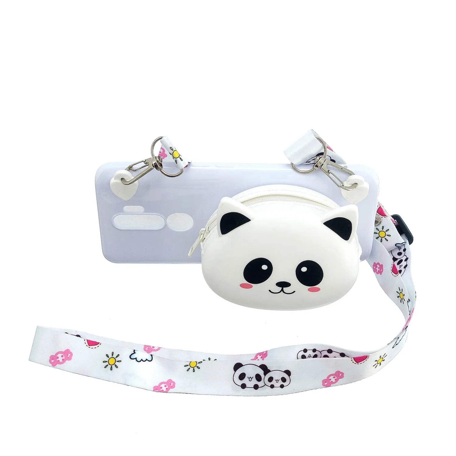 For OPPO A83/A9 2020 Cellphone Case Mobile Phone TPU Shell Shockproof Cover with Cartoon Cat Pig Panda Coin Purse Lovely Shoulder Starp  White