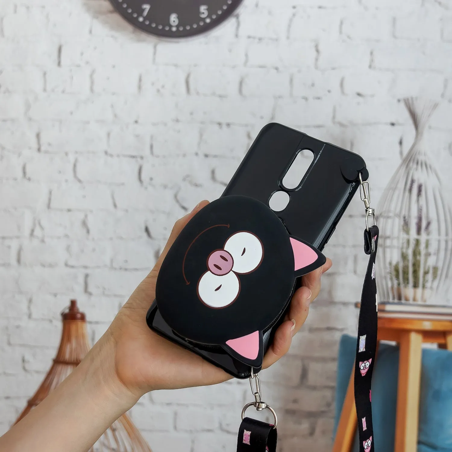 For OPPO F11/F11 Pro Cellphone Case Mobile Phone TPU Shell Shockproof Cover with Cartoon Cat Pig Panda Coin Purse Lovely Shoulder Starp  Black