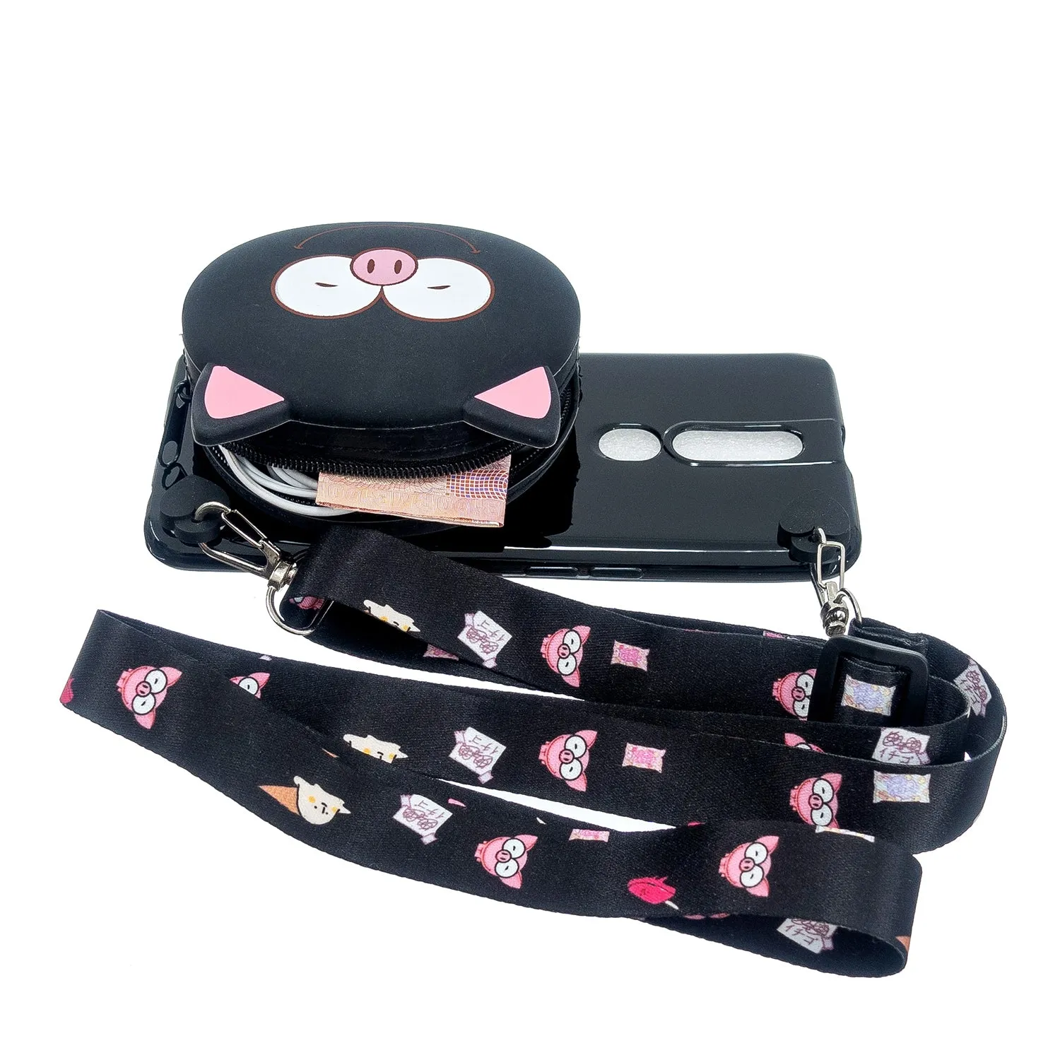 For OPPO F11/F11 Pro Cellphone Case Mobile Phone TPU Shell Shockproof Cover with Cartoon Cat Pig Panda Coin Purse Lovely Shoulder Starp  Black
