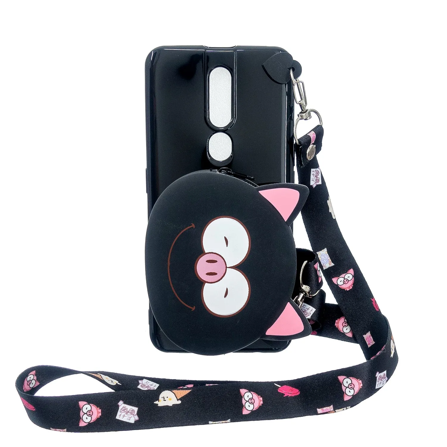 For OPPO F11/F11 Pro Cellphone Case Mobile Phone TPU Shell Shockproof Cover with Cartoon Cat Pig Panda Coin Purse Lovely Shoulder Starp  Black