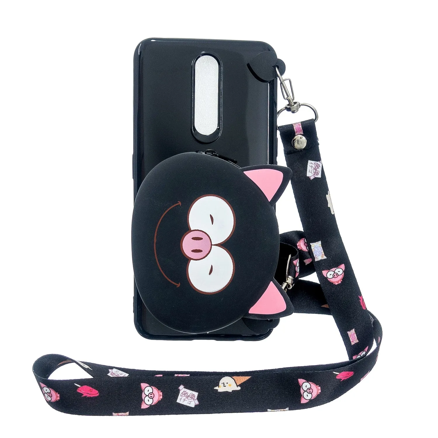 For OPPO F11/F11 Pro Cellphone Case Mobile Phone TPU Shell Shockproof Cover with Cartoon Cat Pig Panda Coin Purse Lovely Shoulder Starp  Black