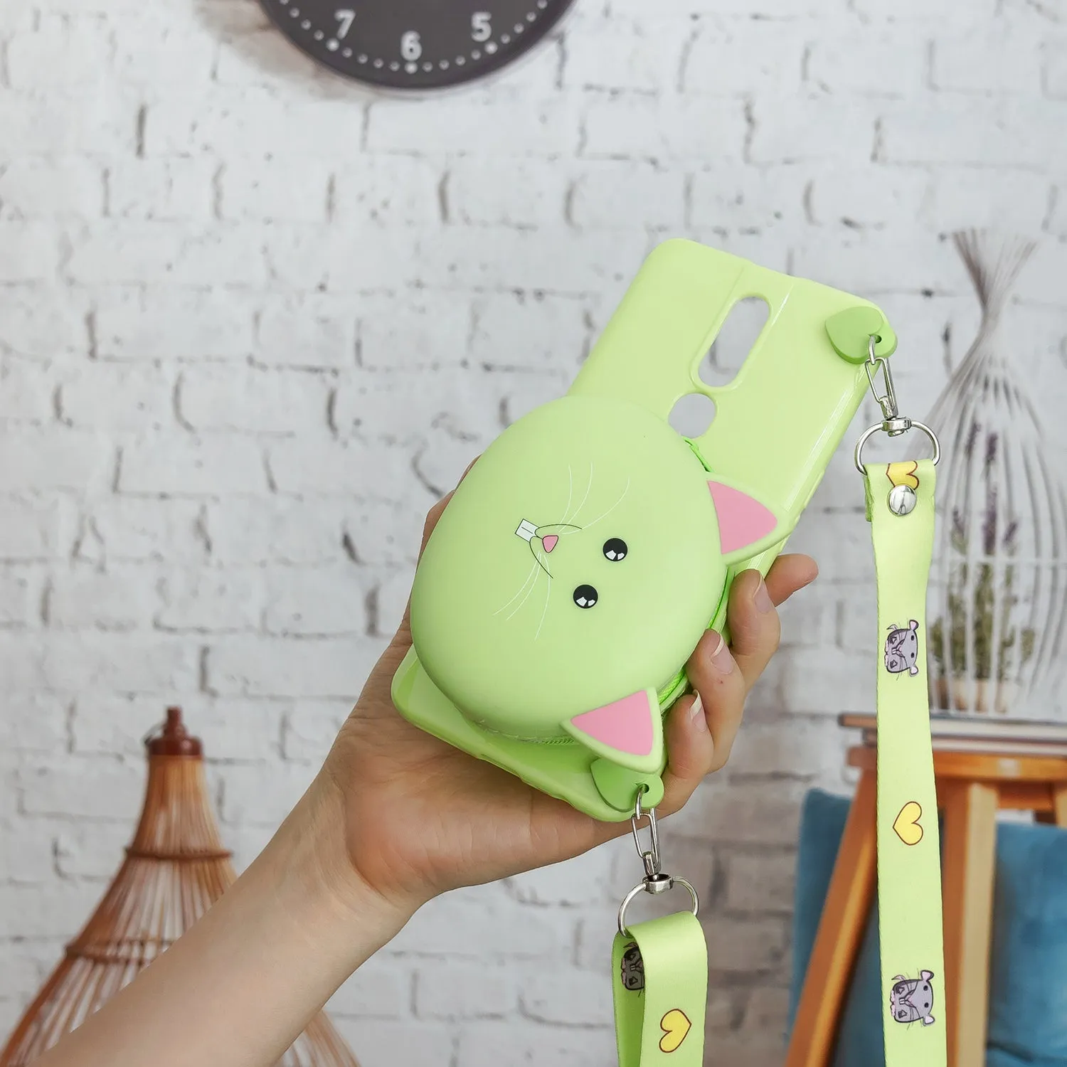 For OPPO F11/F11 Pro Cellphone Case Mobile Phone TPU Shell Shockproof Cover with Cartoon Cat Pig Panda Coin Purse Lovely Shoulder Starp  Green