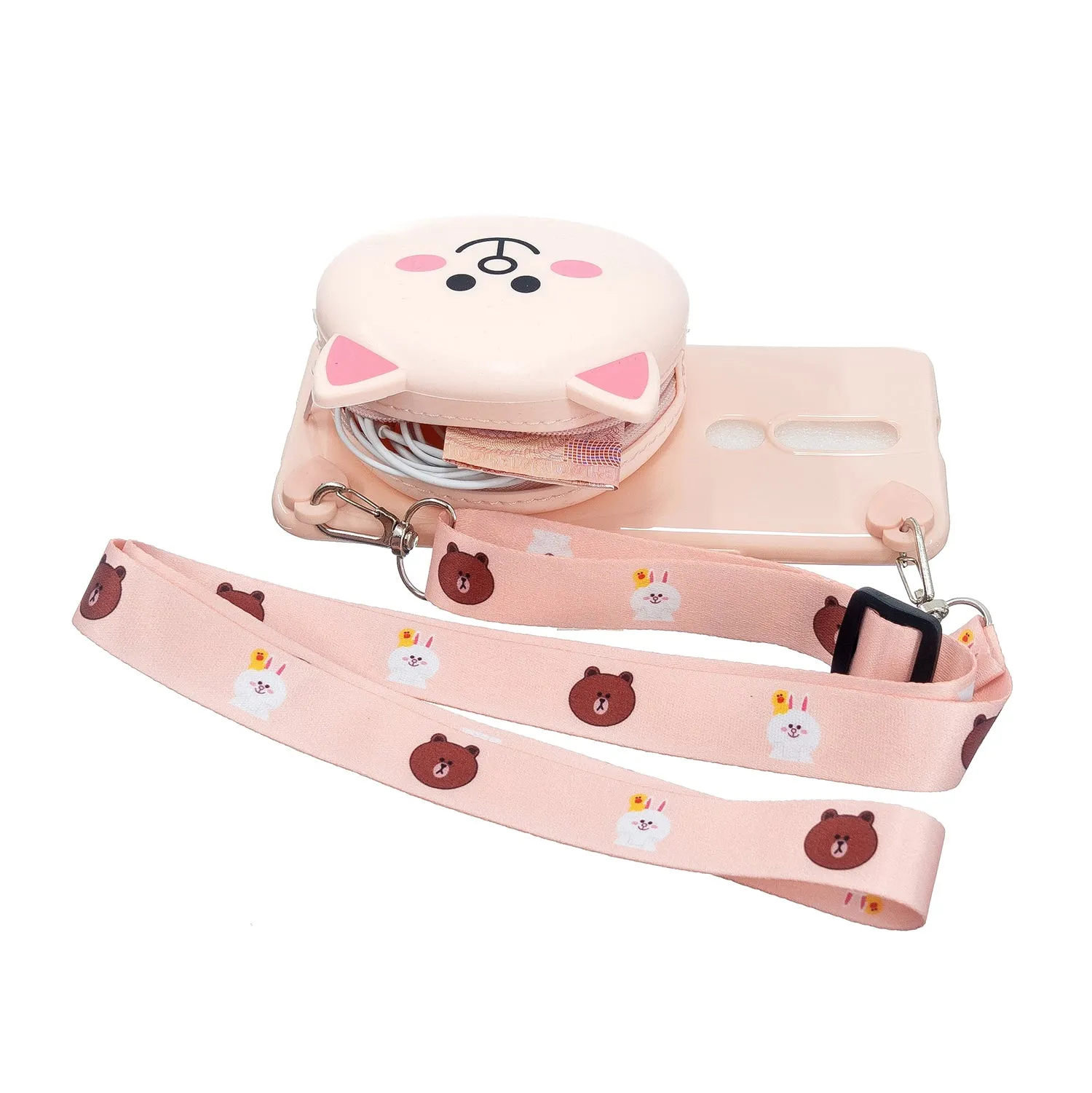 For OPPO F11/F11 Pro Cellphone Case Mobile Phone TPU Shell Shockproof Cover with Cartoon Cat Pig Panda Coin Purse Lovely Shoulder Starp  Pink