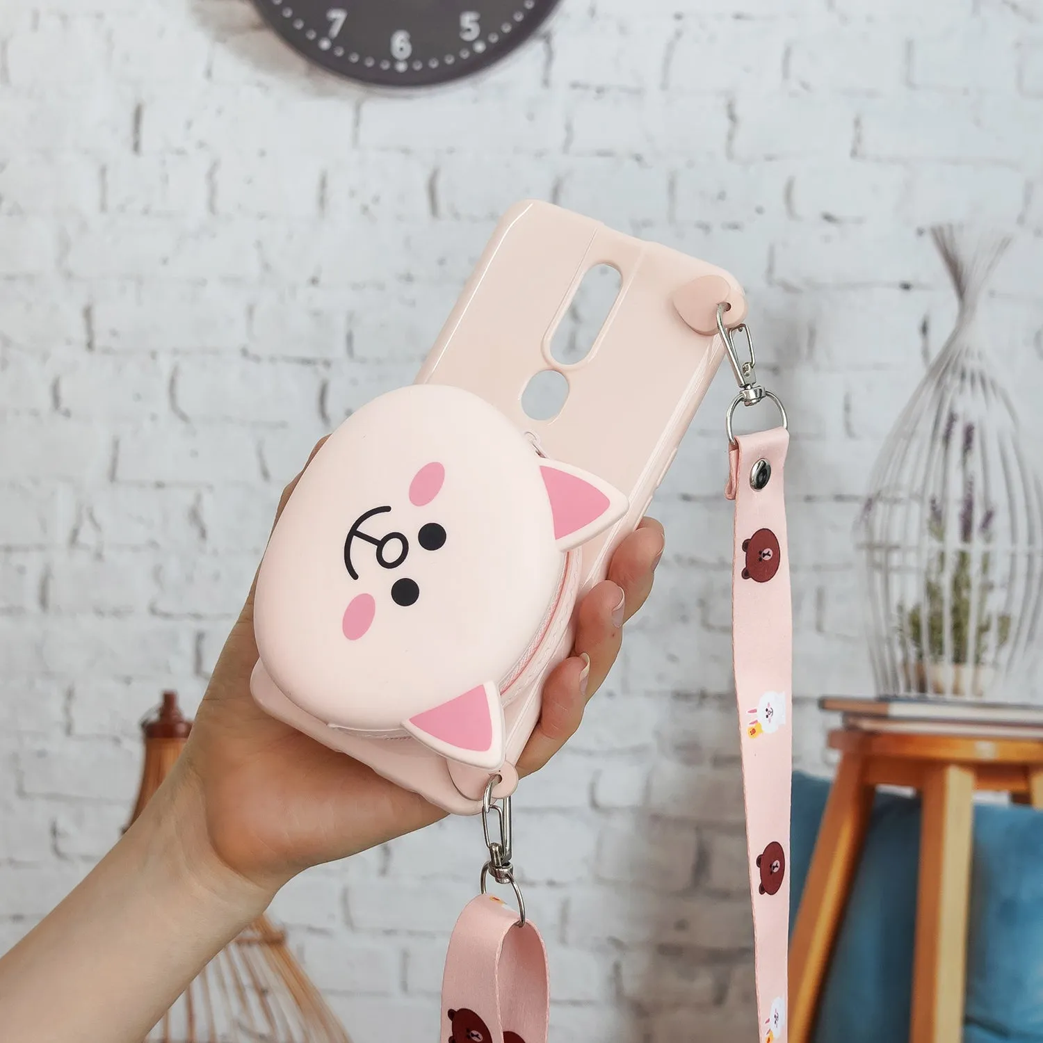 For OPPO F11/F11 Pro Cellphone Case Mobile Phone TPU Shell Shockproof Cover with Cartoon Cat Pig Panda Coin Purse Lovely Shoulder Starp  Pink