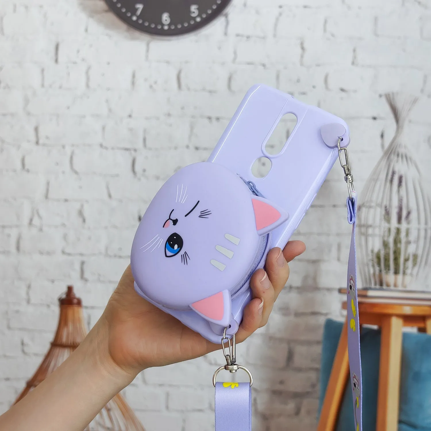 For OPPO F11/F11 Pro Cellphone Case Mobile Phone TPU Shell Shockproof Cover with Cartoon Cat Pig Panda Coin Purse Lovely Shoulder Starp  Purple