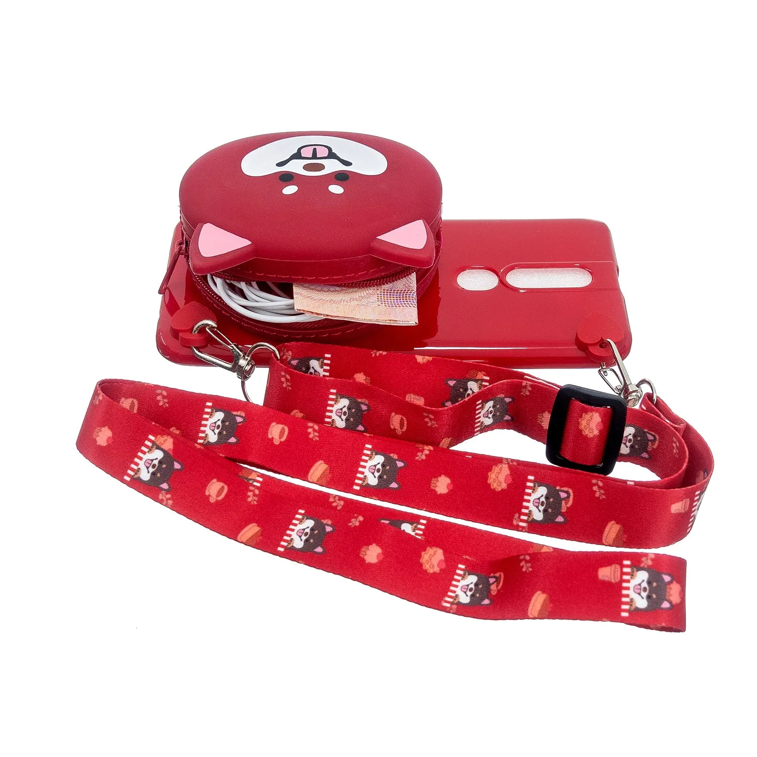 For OPPO F11/F11 Pro Cellphone Case Mobile Phone TPU Shell Shockproof Cover with Cartoon Cat Pig Panda Coin Purse Lovely Shoulder Starp  Red