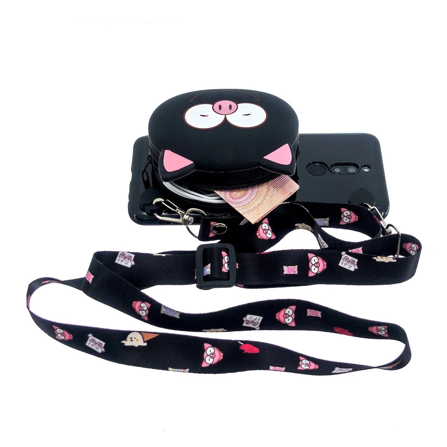 For Redmi 8/Redmi 8A Case Mobile Phone Shell Shockproof Cellphone TPU Cover with Cartoon Cat Pig Panda Coin Purse Lovely Shoulder Starp  Black