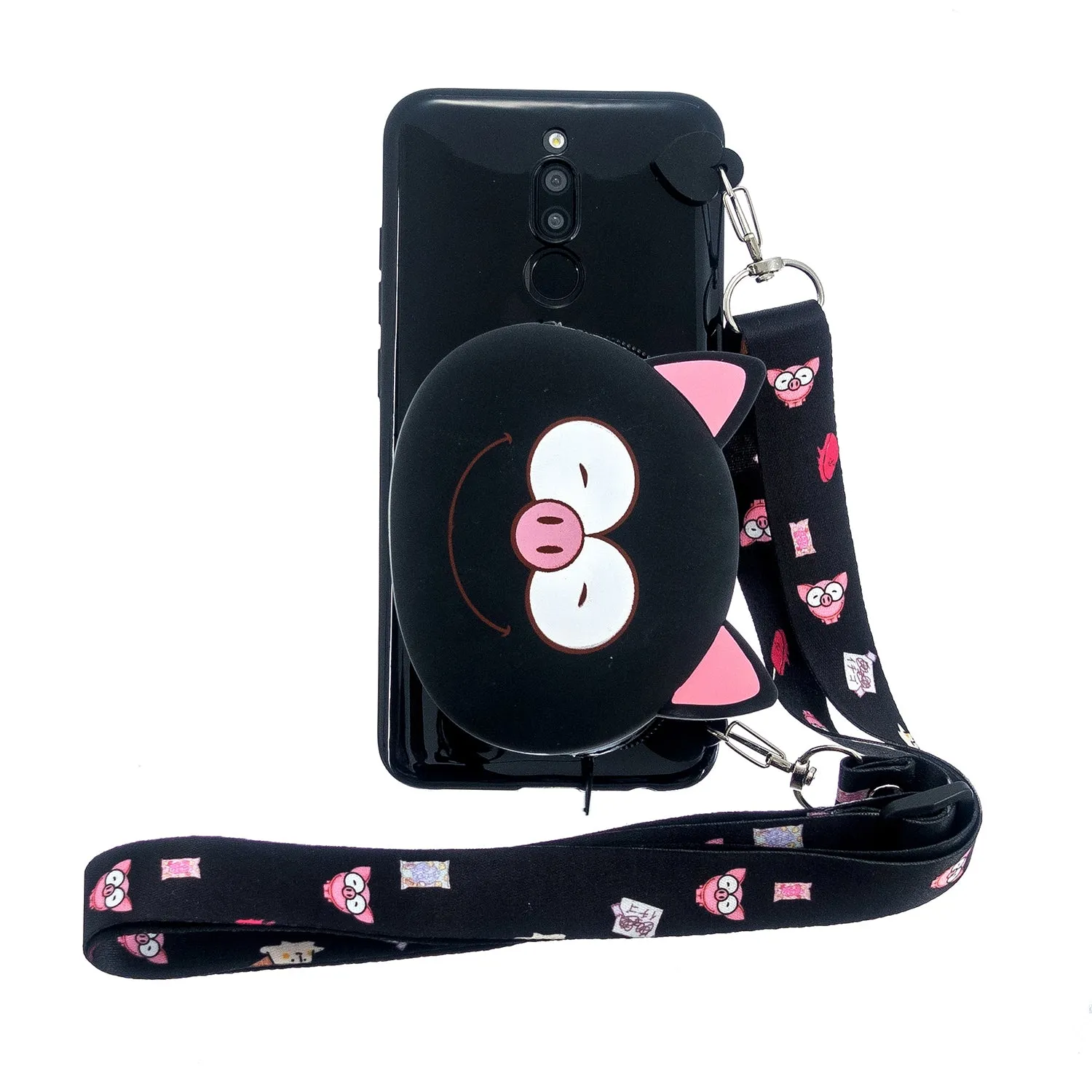 For Redmi 8/Redmi 8A Case Mobile Phone Shell Shockproof Cellphone TPU Cover with Cartoon Cat Pig Panda Coin Purse Lovely Shoulder Starp  Black