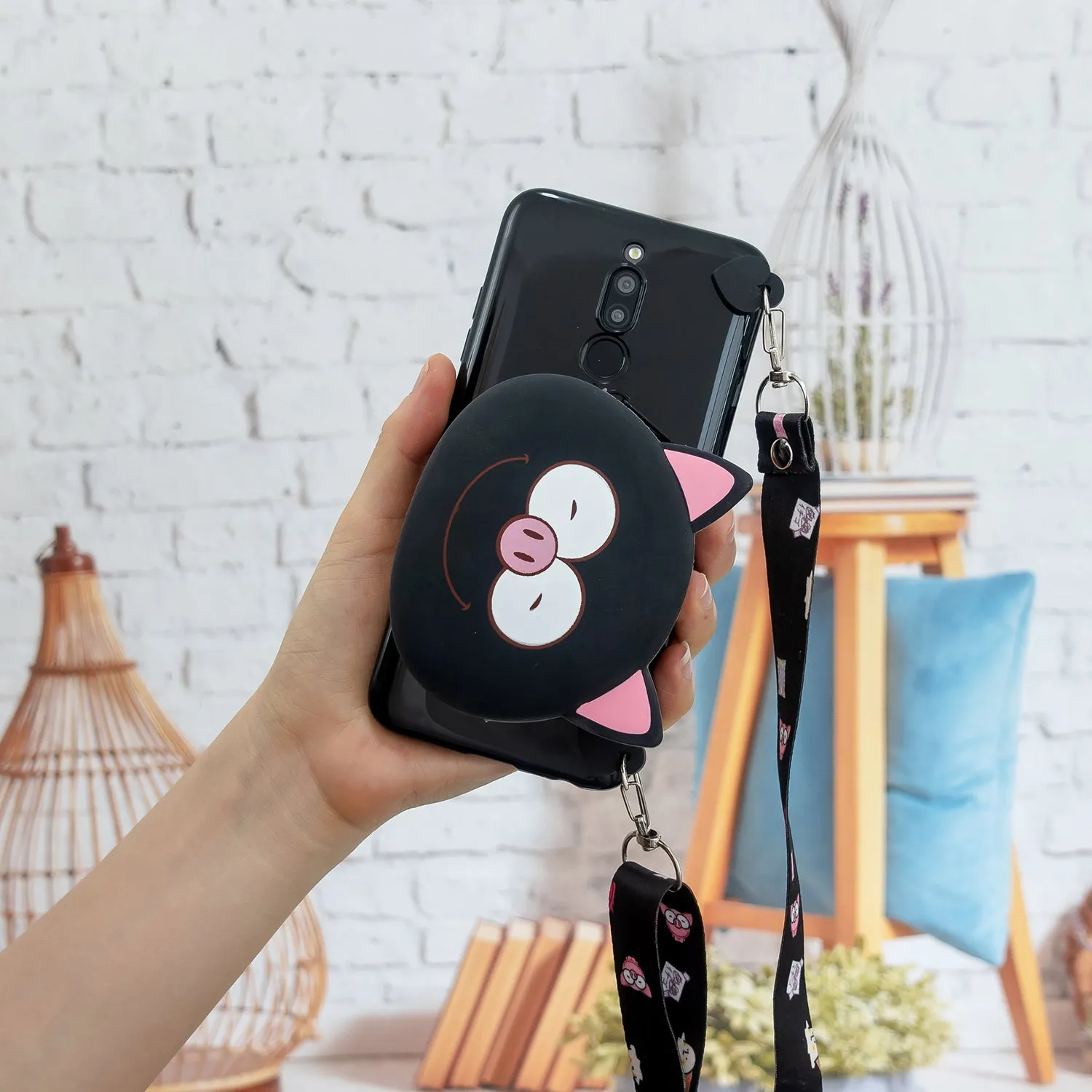 For Redmi 8/Redmi 8A Case Mobile Phone Shell Shockproof Cellphone TPU Cover with Cartoon Cat Pig Panda Coin Purse Lovely Shoulder Starp  Black