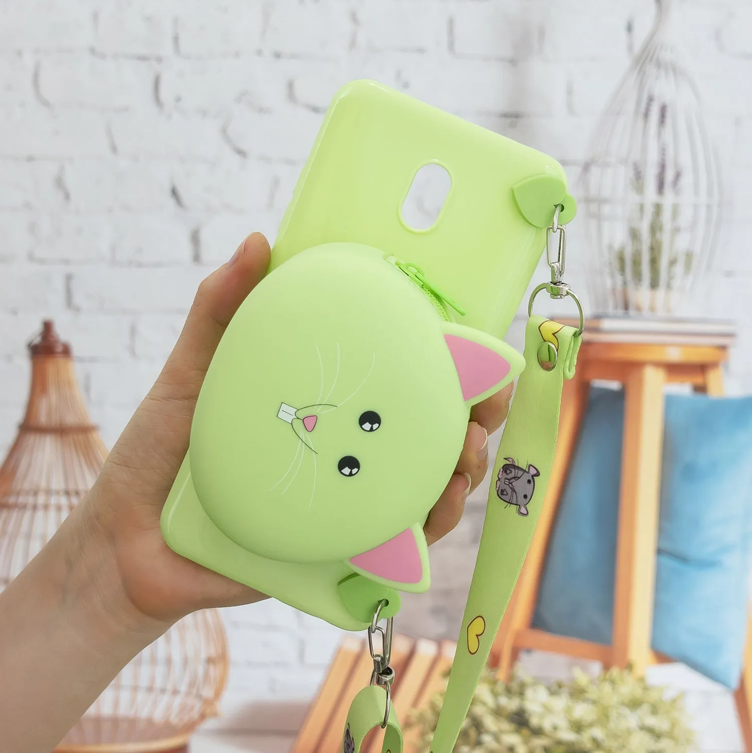 For Redmi 8/Redmi 8A Case Mobile Phone Shell Shockproof Cellphone TPU Cover with Cartoon Cat Pig Panda Coin Purse Lovely Shoulder Starp  Green