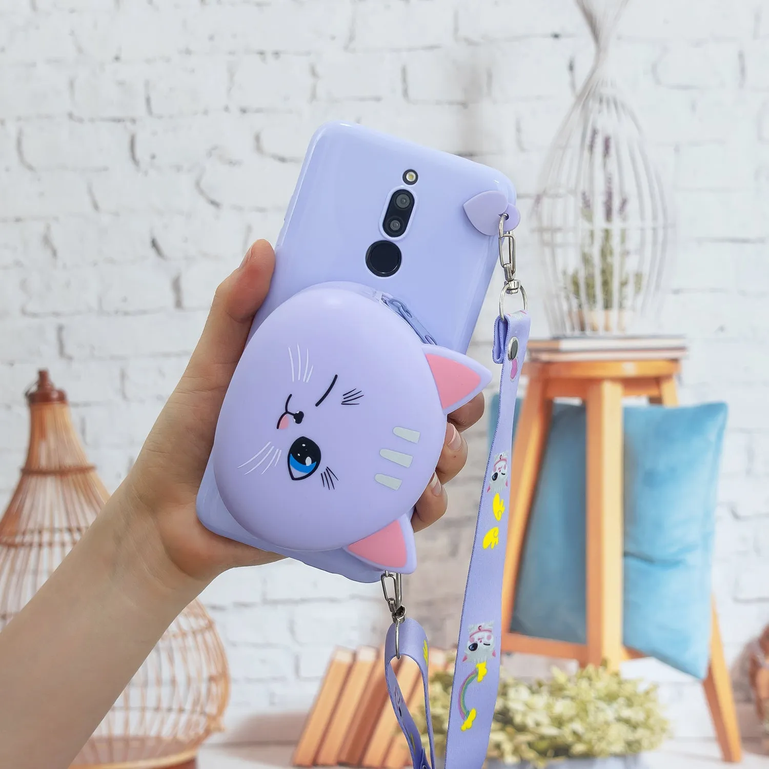 For Redmi 8/Redmi 8A Case Mobile Phone Shell Shockproof Cellphone TPU Cover with Cartoon Cat Pig Panda Coin Purse Lovely Shoulder Starp  Purple