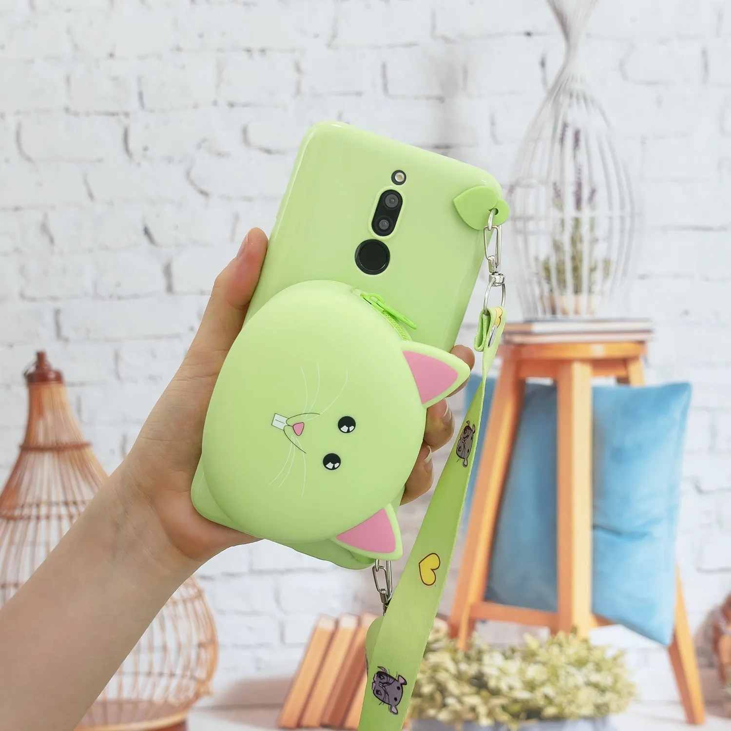 For Redmi 8/Redmi 8A Case Mobile Phone Shell Shockproof Cellphone TPU Cover with Cartoon Cat Pig Panda Coin Purse Lovely Shoulder Starp  Purple