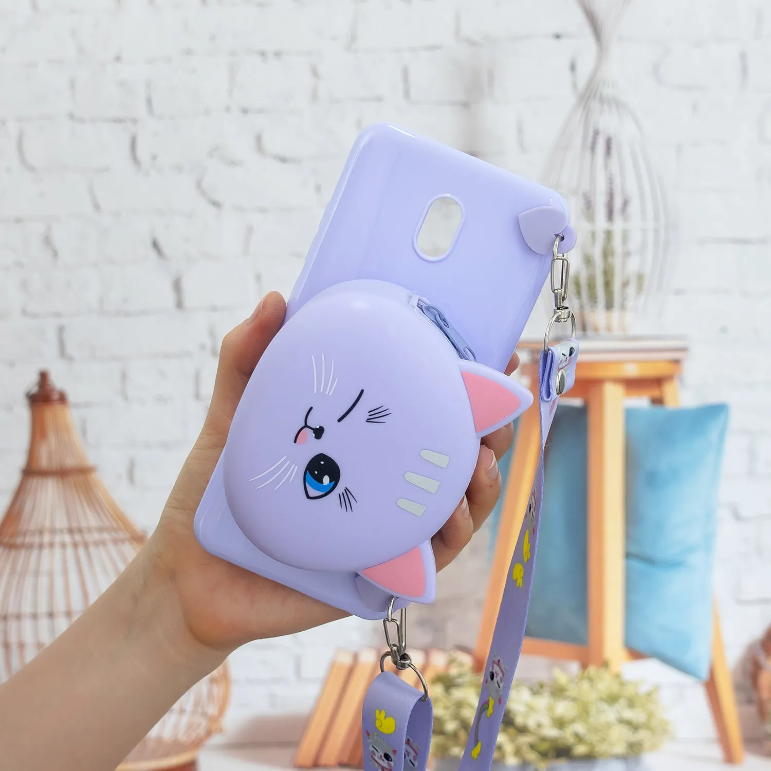 For Redmi 8/Redmi 8A Case Mobile Phone Shell Shockproof Cellphone TPU Cover with Cartoon Cat Pig Panda Coin Purse Lovely Shoulder Starp  Purple