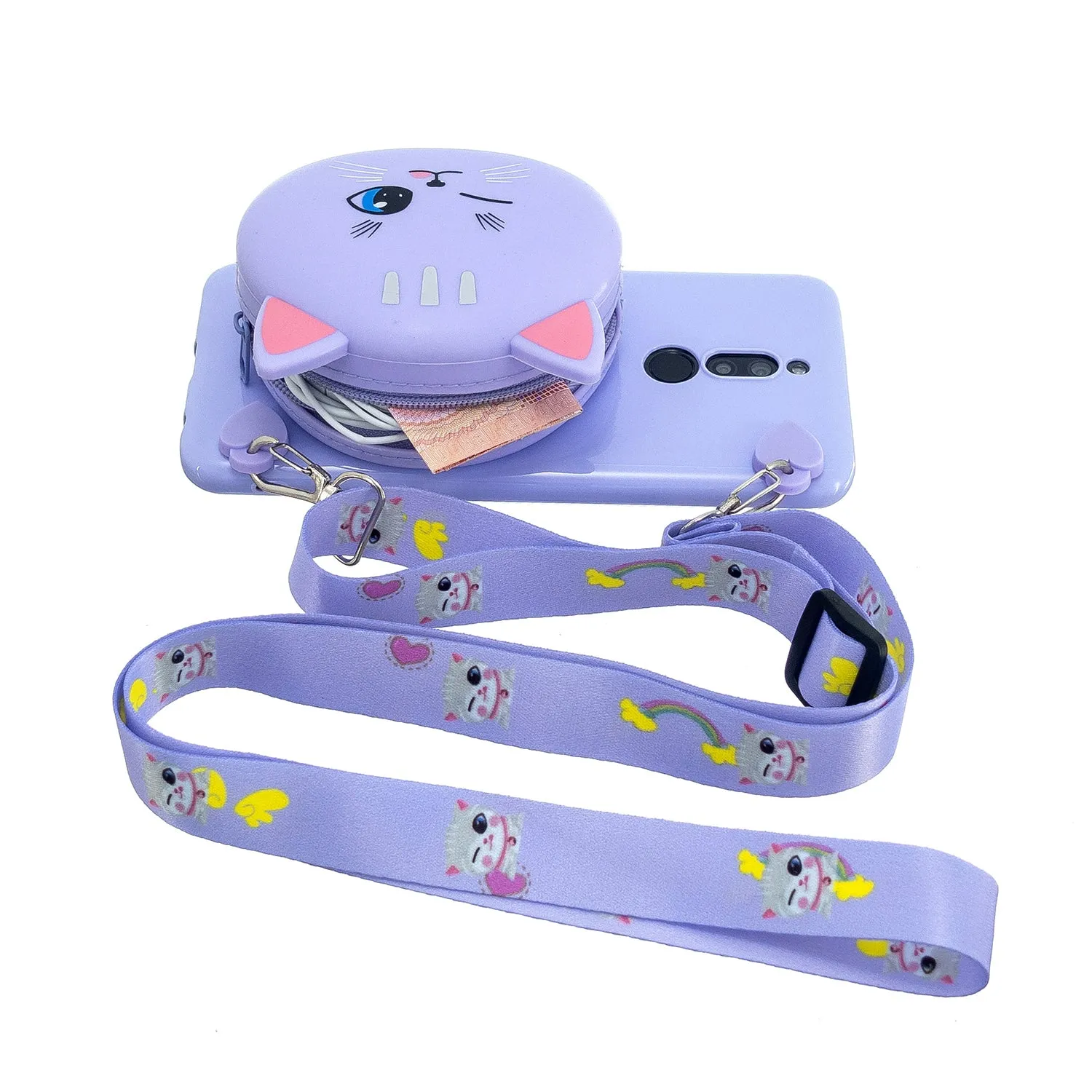 For Redmi 8/Redmi 8A Case Mobile Phone Shell Shockproof Cellphone TPU Cover with Cartoon Cat Pig Panda Coin Purse Lovely Shoulder Starp  Purple