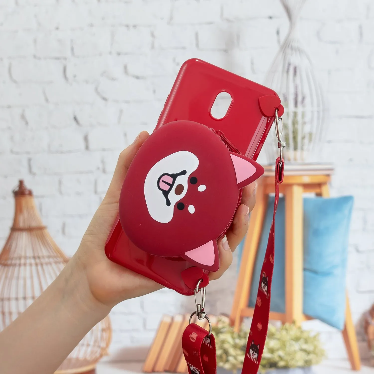 For Redmi 8/Redmi 8A Case Mobile Phone Shell Shockproof Cellphone TPU Cover with Cartoon Cat Pig Panda Coin Purse Lovely Shoulder Starp  Red