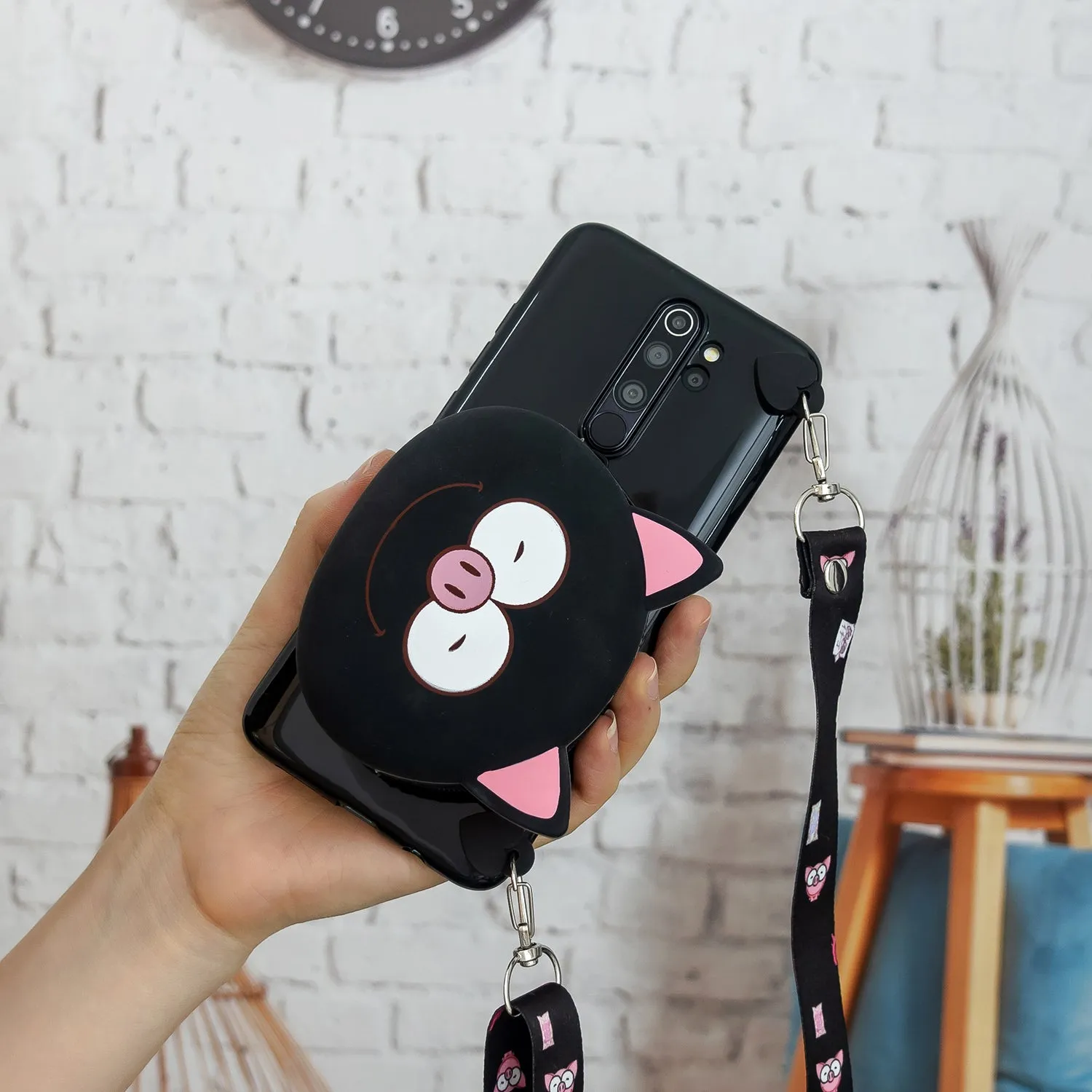 For Redmi Note 8/8T/8 Pro Cellphone Case Mobile Phone Shell Shockproof TPU Cover with Cartoon Cat Pig Panda Coin Purse Lovely Shoulder Starp  Black