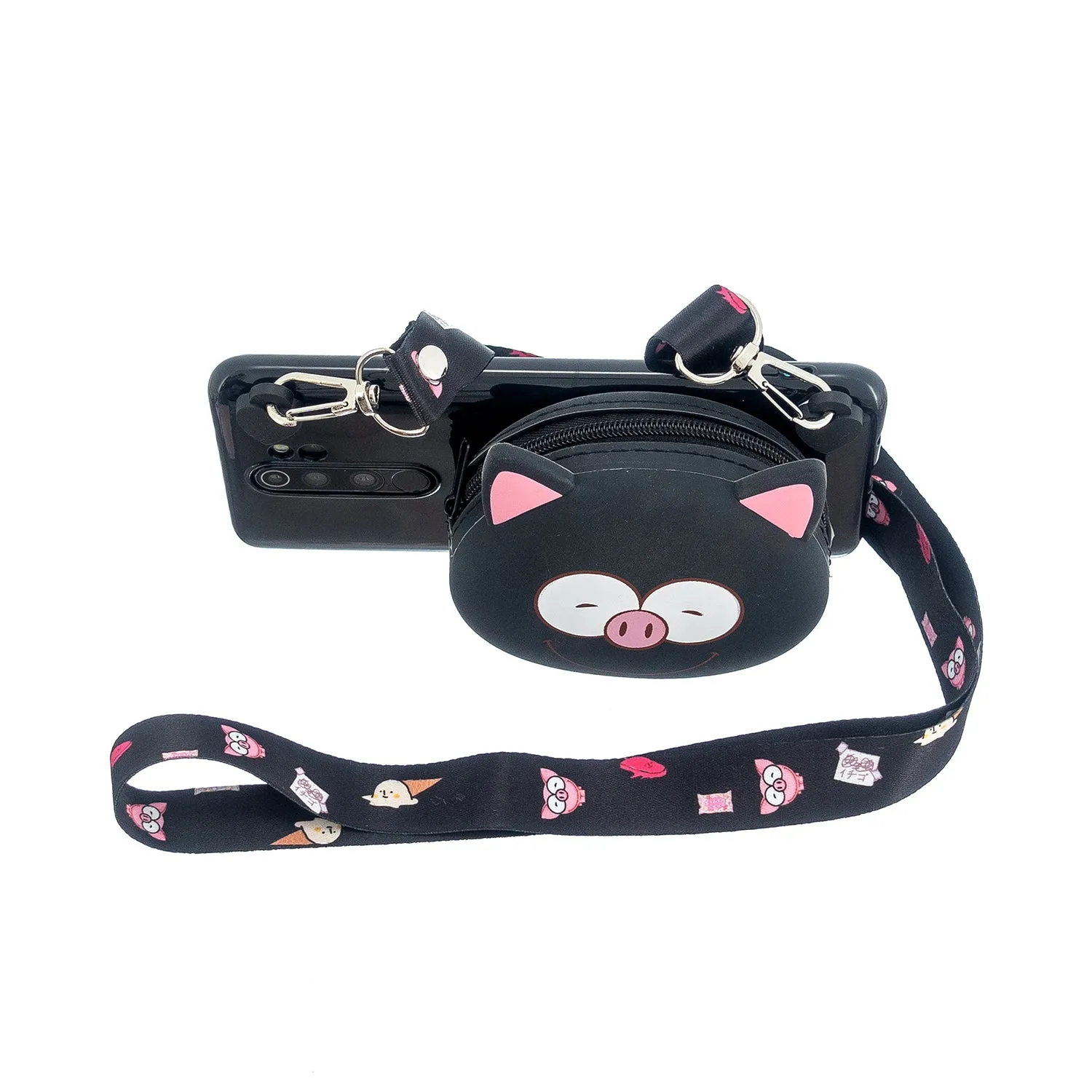 For Redmi Note 8/8T/8 Pro Cellphone Case Mobile Phone Shell Shockproof TPU Cover with Cartoon Cat Pig Panda Coin Purse Lovely Shoulder Starp  Black